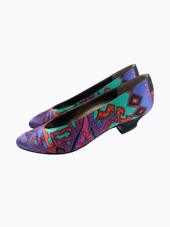 Bruno Magli Shoes - Vtg Bruno Magli Block Heels 7.5 Satin Abstract Purple Pink Italy Vero Cuoio 90s